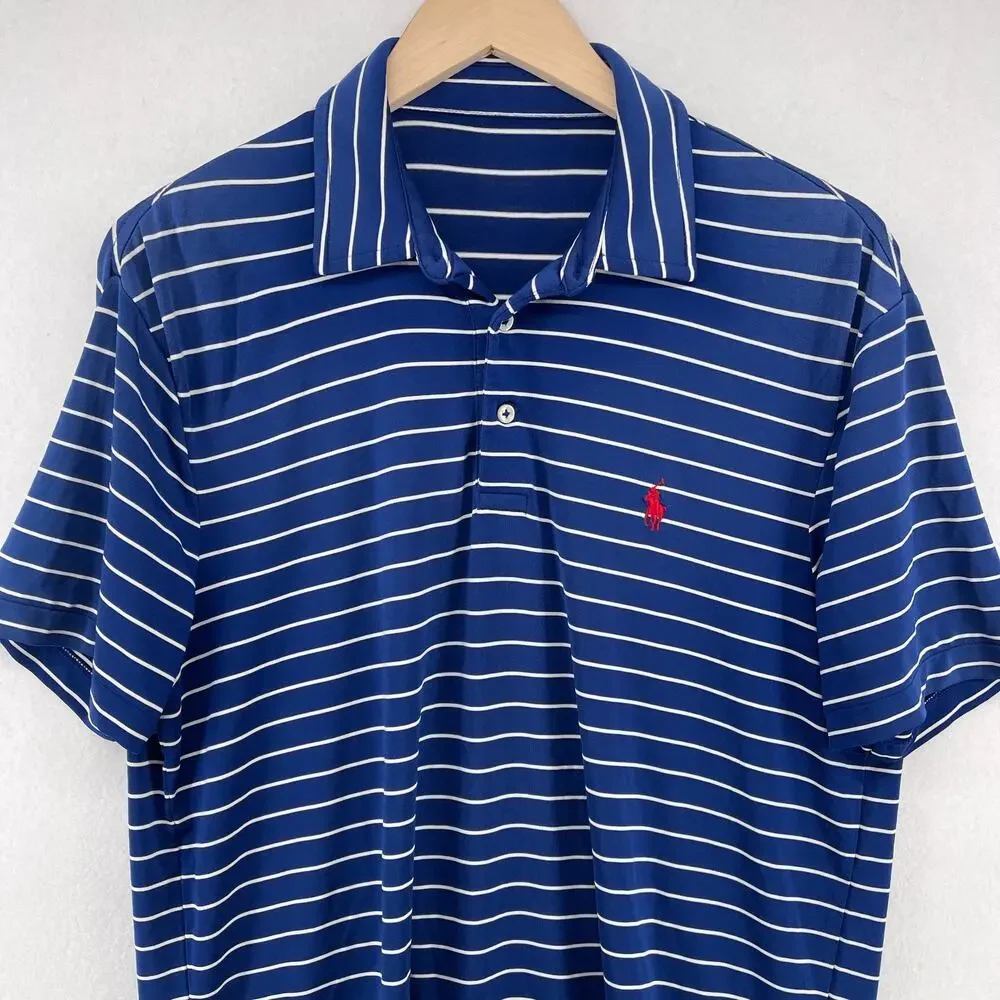 POLO RALPH LAUREN Shirt Mens L Striped Polo Golf Performance Short Sleeve Blue
